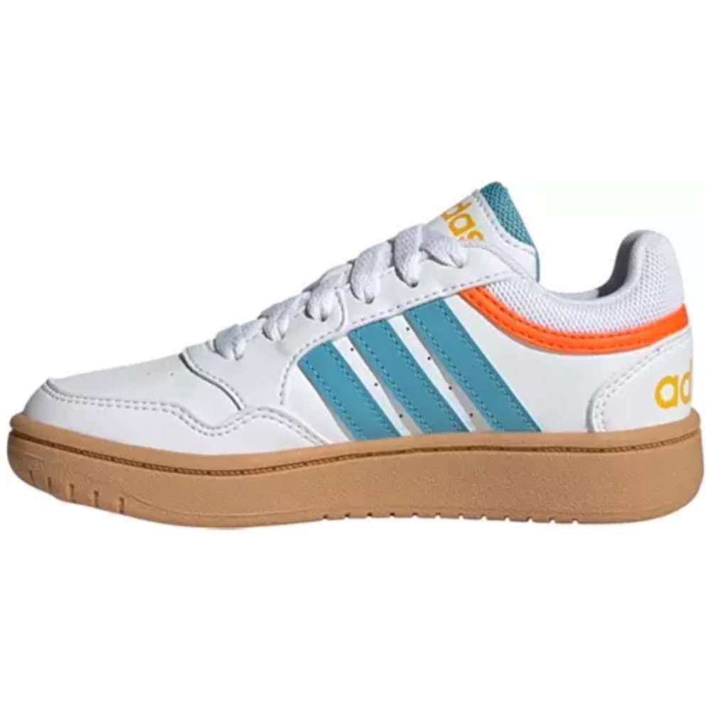 A pair of adidas Kids' Hoops 3.0 Sneakers in white/blue. The shoes feature a high-top design, a synthetic leather upper, and the adidas logo on the side