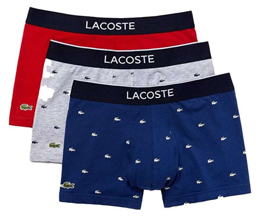 Lacoste Men's Casual Cotton Stretch Wording Trunks (3-Pack) (Methylene/Silver Chine-Red)
